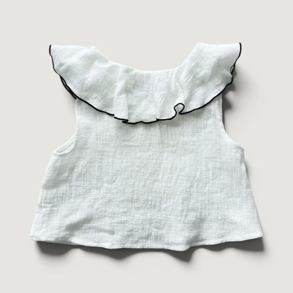 Lancoos Girls White Textured Ruffle Blouse Sleeveless Top Black Trim Kids